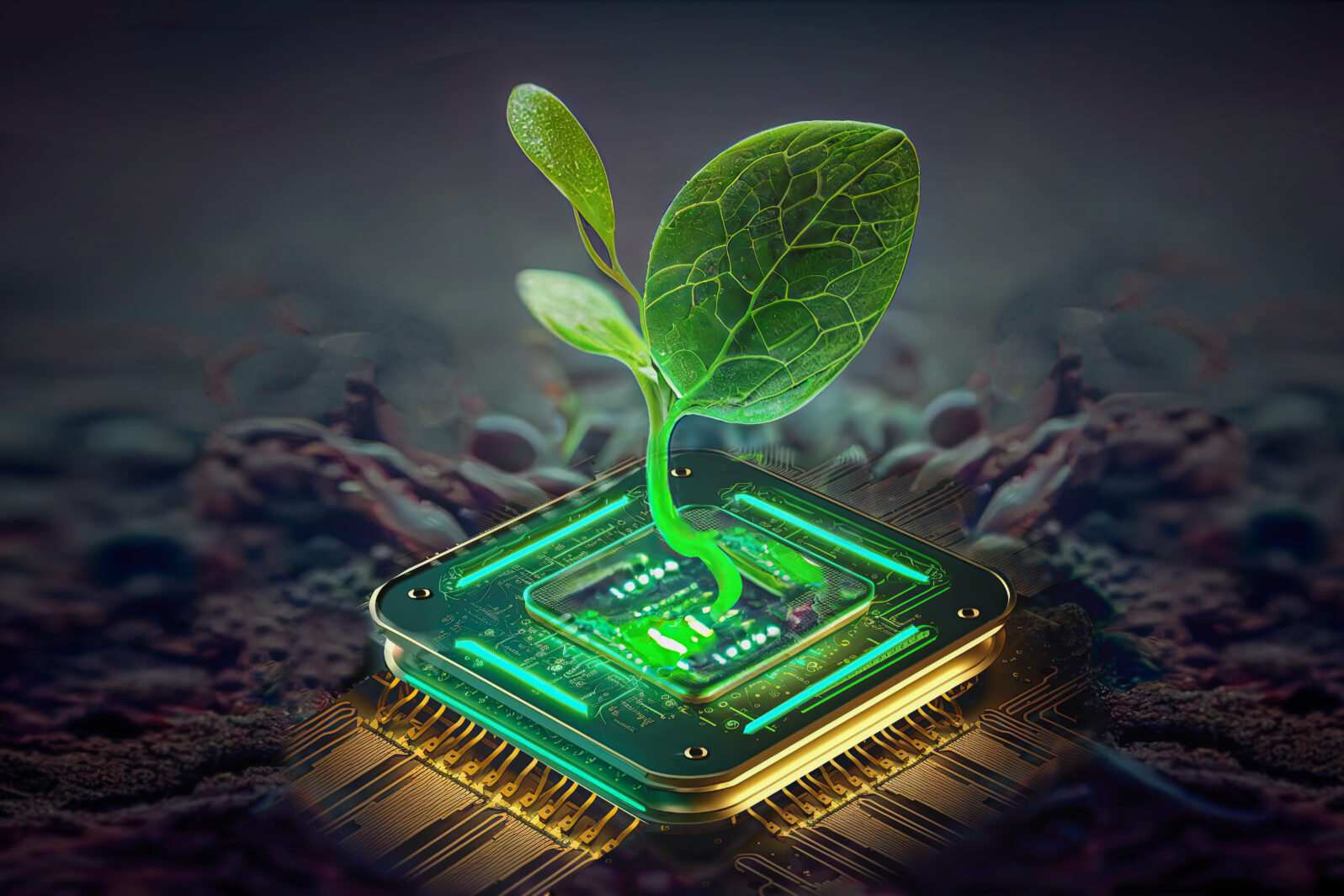 A green sprout sprouts from the microprocessor. A symbol of a new startup or business in the IT field of green technologies or biotechnologies. A living beginning in computers and artificial ai