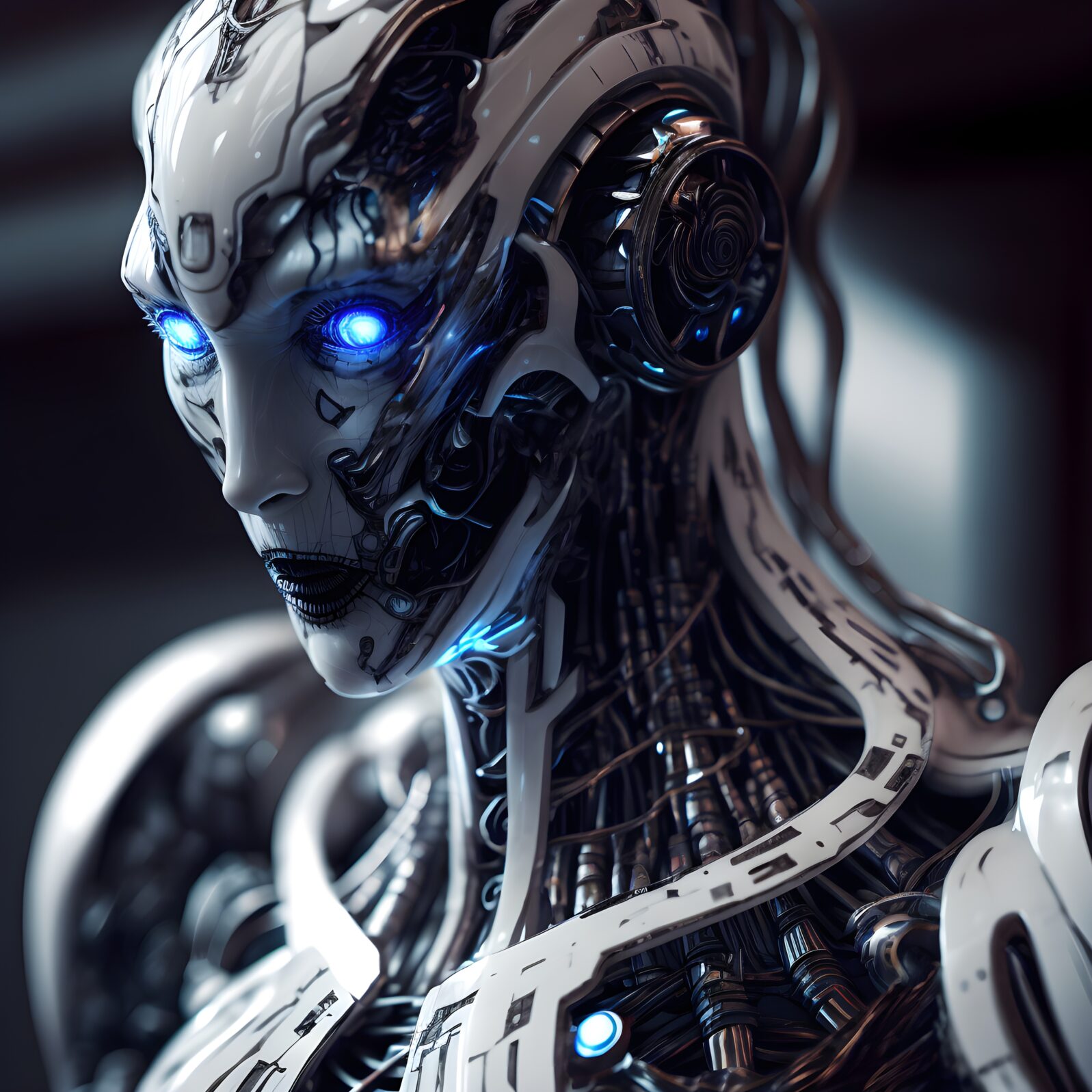close up portrait photo of humanoid android covered in shiny white grey and black metallic skin blue eyes glowing internal parts westworld style Volumetric Lighting ultrawide shot sharp