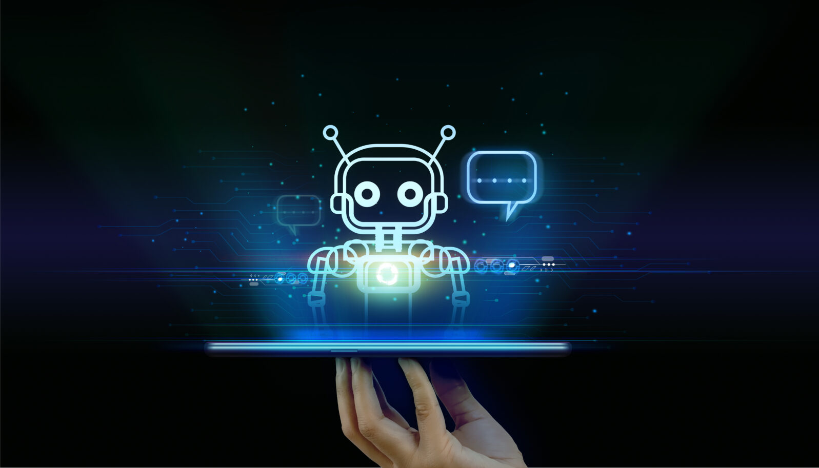 Digital chatbots on smartphones access data and information in online networks. Robot Applications and Global Connectivity AI Artificial Intelligence innovation and technology