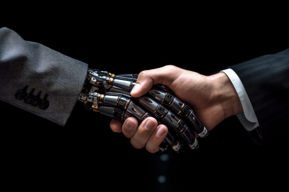 Human hand shakes artificial intelligence robotic hand, concept of union between human being and artificial intelligence, Generative AI