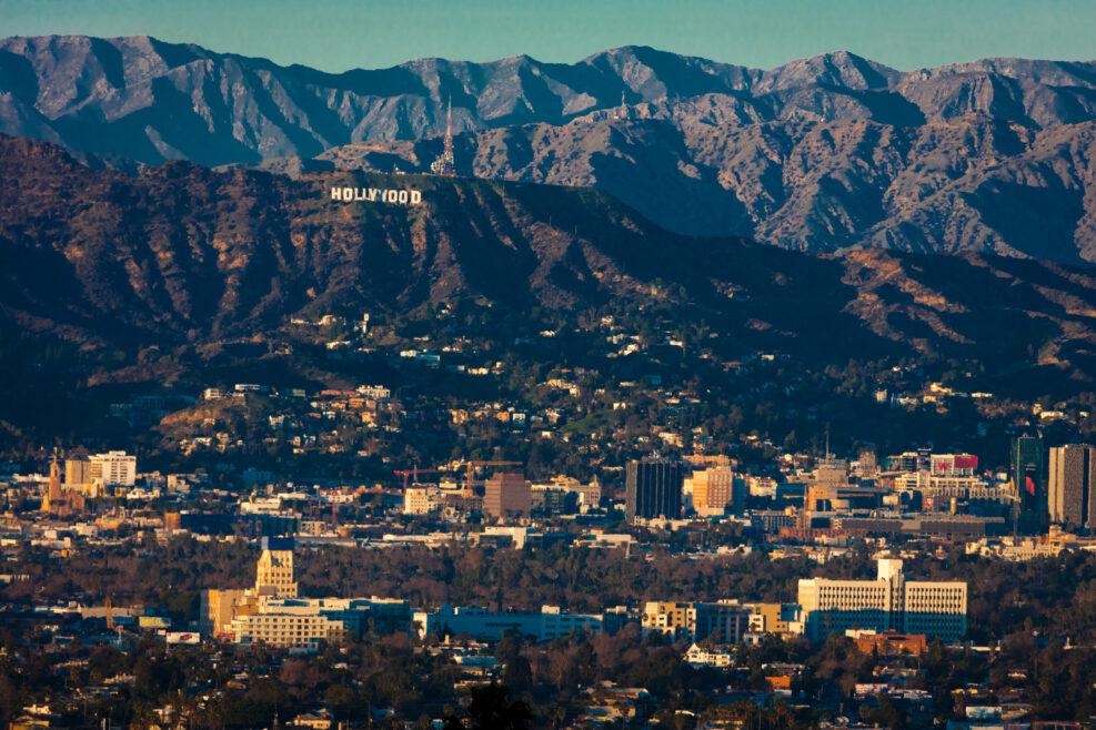 JAN 1, 2019 - Los Angeles, CA USA - Los Angeles with Hollywood Sign at sunset seen from Kenneth Hahn Park, LA, CA