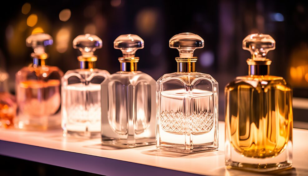 Luxury perfume bottles at a fragrance scent presentation at the event at night