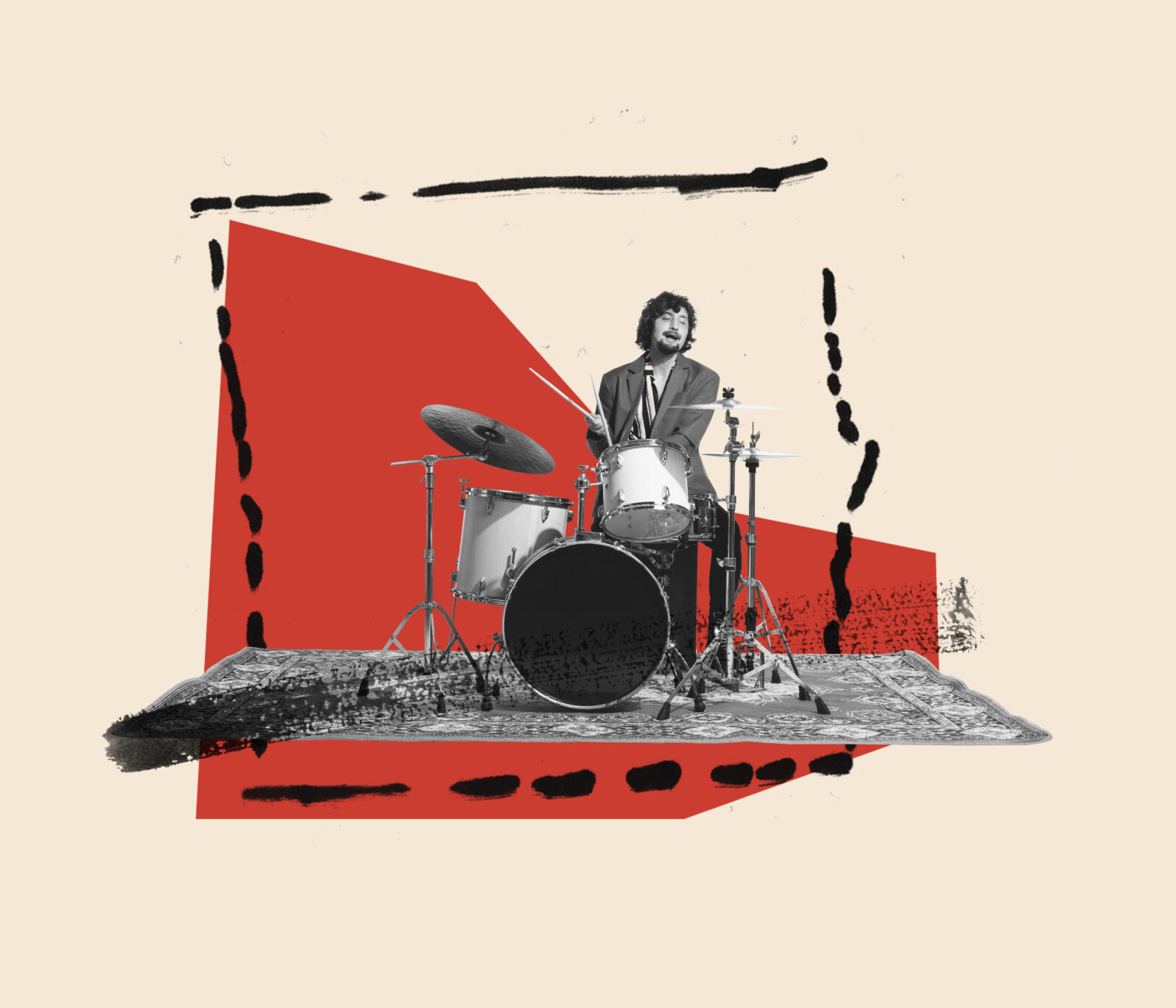 Modern creative artwork, design. Contemporary art collage of young man playing drums isolated over colorful background. Concept of music lifestyle, jazz, rock, rock n roll, creativity, imagination