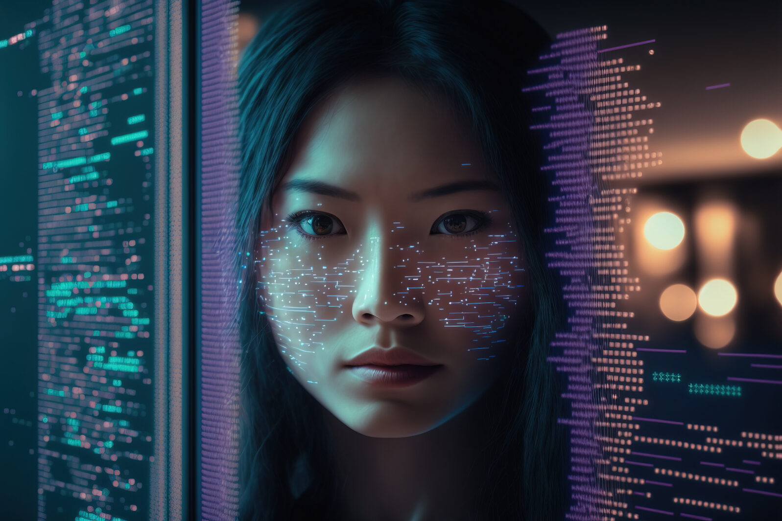A digital avatar or artificial intelligence with an Asian female face surrounded by software code in cyberspace. Blurring the line between real world and virtual reality. Generative AI