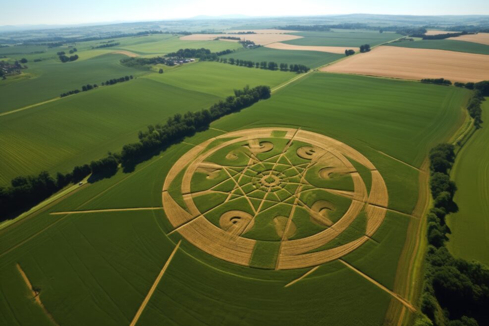 aerial perspective of a crop circle with mathematical symbols