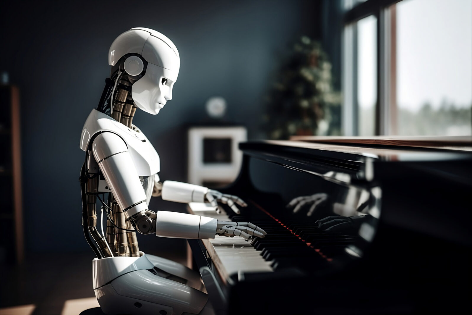 AI android robot playing piano. Generative AI illustration