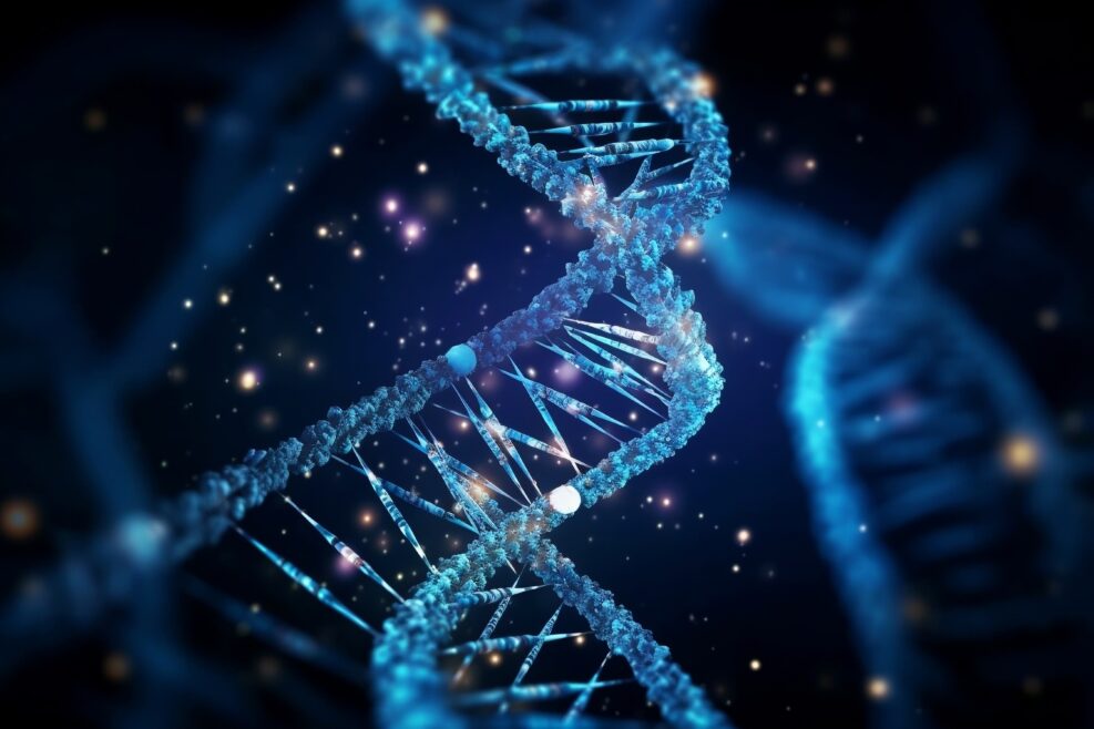 Blue Human DNA Strand Surrounded by DNA Structure. Generative AI
