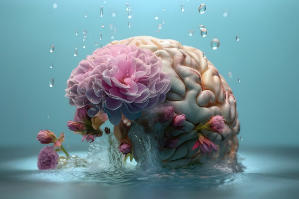 brain made from water and flowers on pastel background concept art, photo, Shot on 65mm lens, Shutter Speed 1 4000, F 1.8 White Balance, 32k, Super-Resolution, Pro Photo RGB, Half rear Lighting, Backl