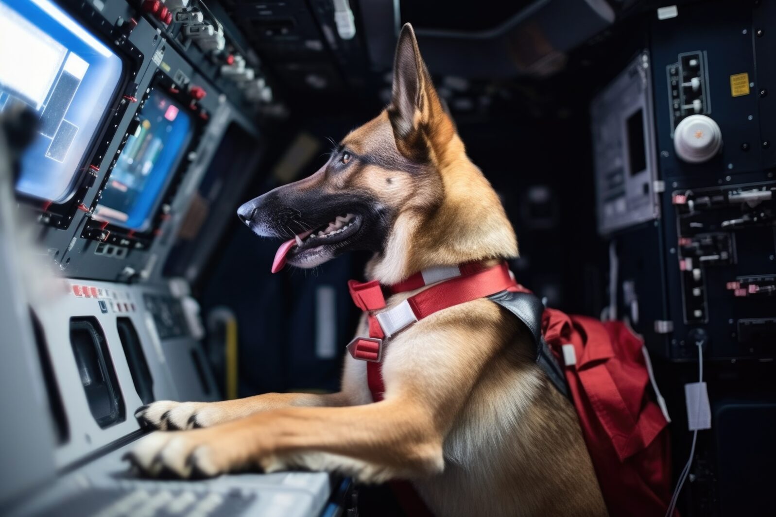 canine astronaut, with his paw on button to activate rocket thrusters, in the cockpit of spacecraft, created with generative ai