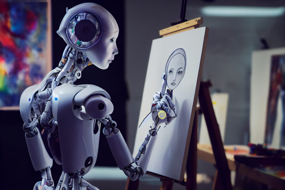 Humanoid robot artist painting a portrait on a canvas in an artist studio showing the concept of science and artificial intelligence technology, computer Generative AI stock illustration image
