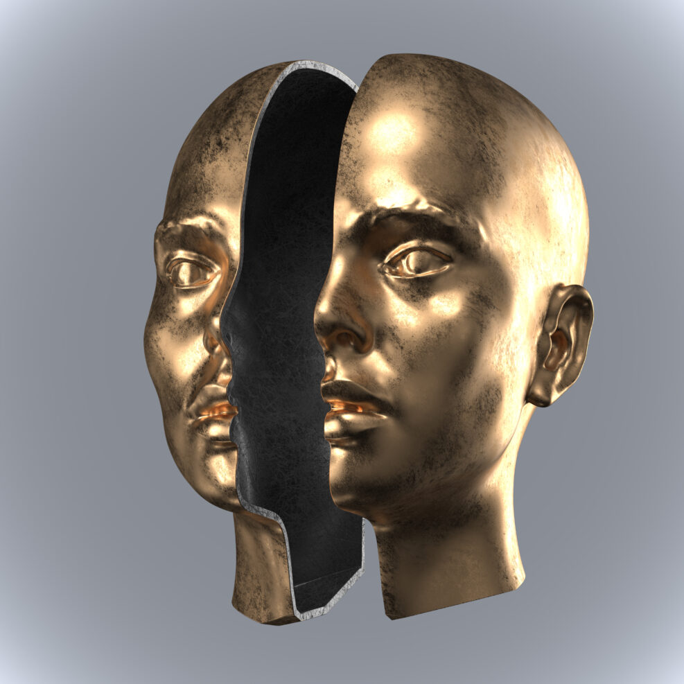 Abstract concept illustration from 3D rendering of a golden female head sculpture cut divided showing black interior halves and isolated on grey background.