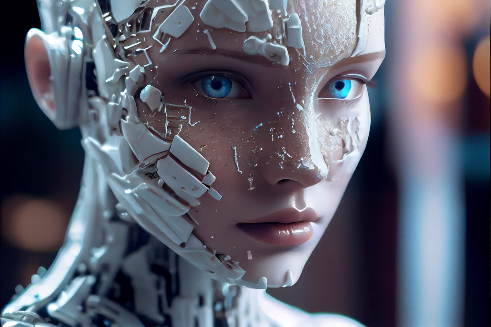 The Flow of Time: A Close-Up Portrait of an Incomplete Humanoid Android Covered in White Porcelain Skin, Blue Eyes, and Glowing Internal Parts.