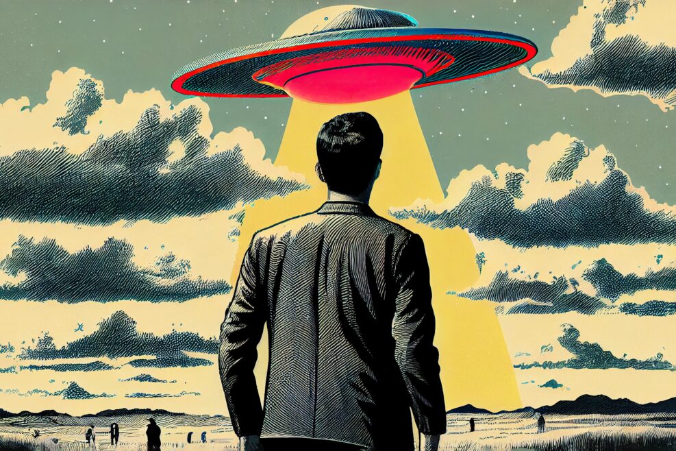 Back view of man looking at alien invasion, UFO flying in the sky, concept of evidence and sighting, retro illustration. Generative AI