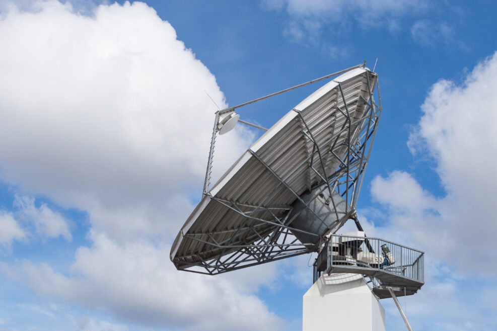 Big radar parabolic radio antenna global information data stream