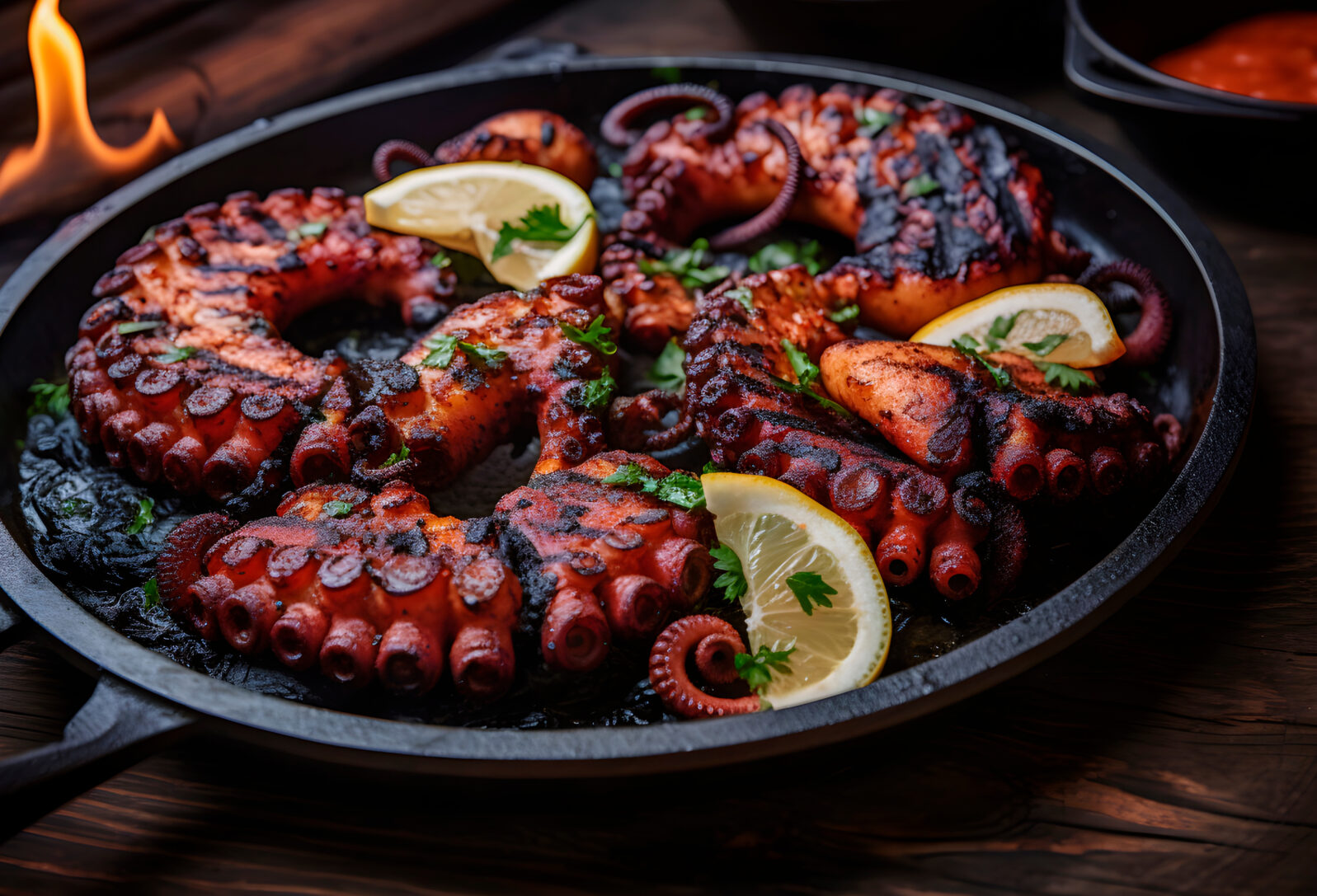 Grilled octopus in cast iron grill pan.