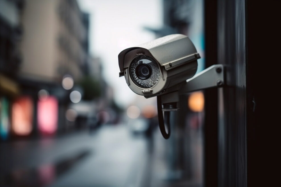 Security camera on modern building. Professional surveillance cameras. CCTV on the wall in the city. Security system, technology. Video equipment for safety system area control outdoor. AI generated.