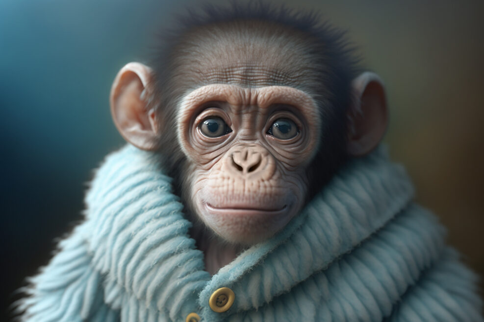 Closeup portrait of cute baby chimpanzee dressed in blue wool jacket. Generative AI.