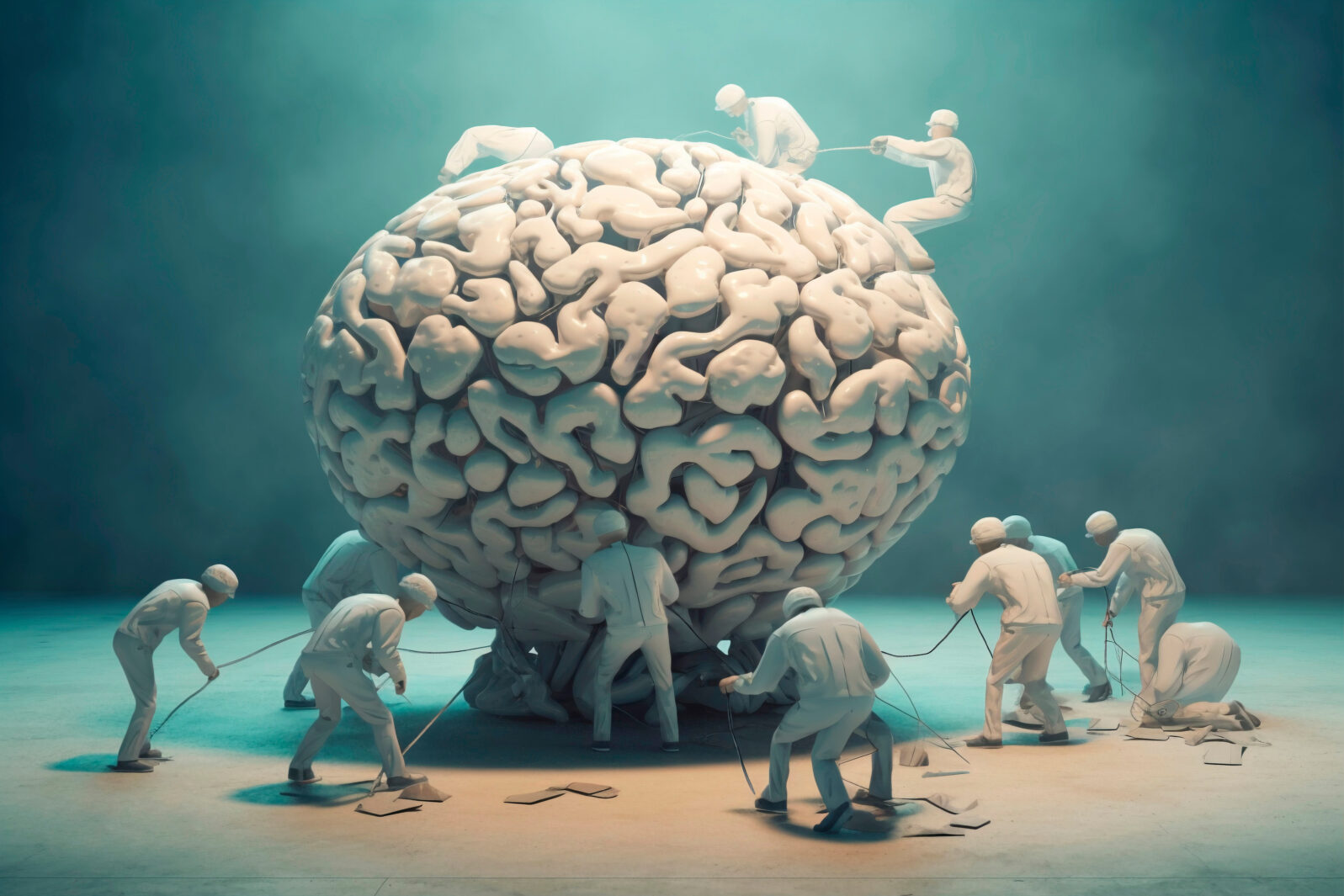 Conceptual image of brain working. Brain in thought process with men working. Concept of mind generating ideas. Trapped brain. Brain taken prisoner. Generative ai.