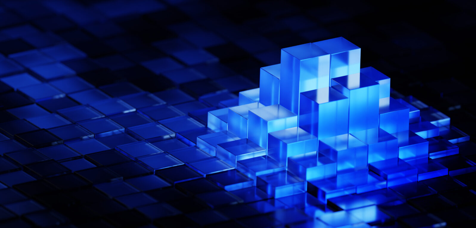 3d abstract render of blue glass cubes in grid forming data trend