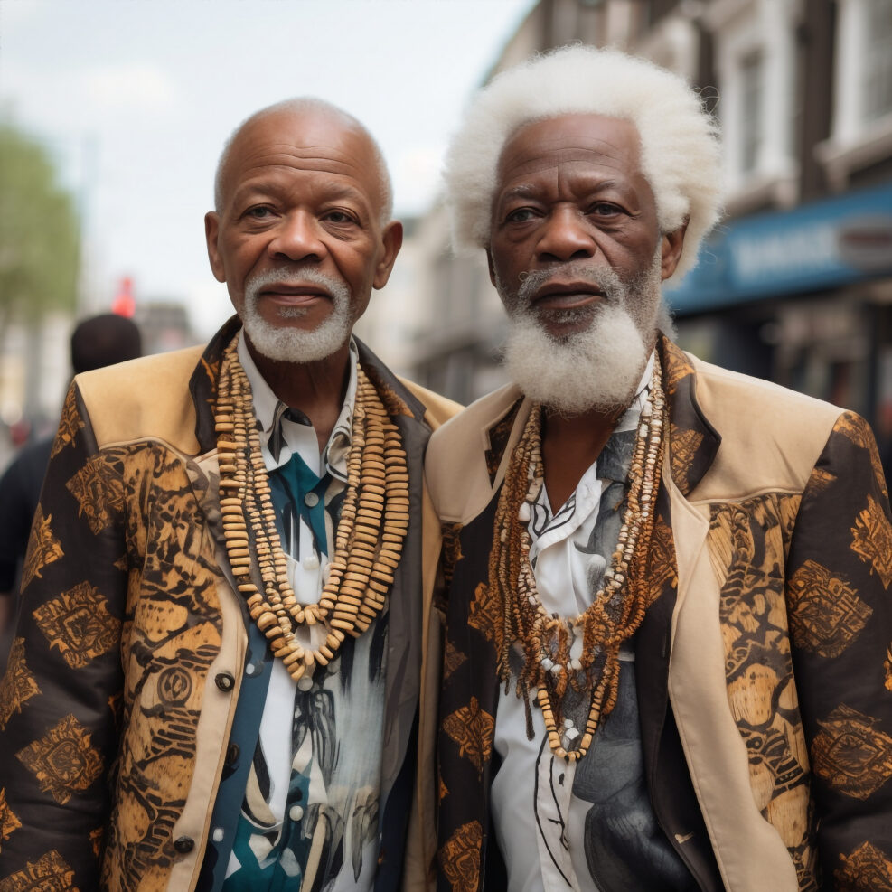Generative ai black men twins brothers posing outdoors city street