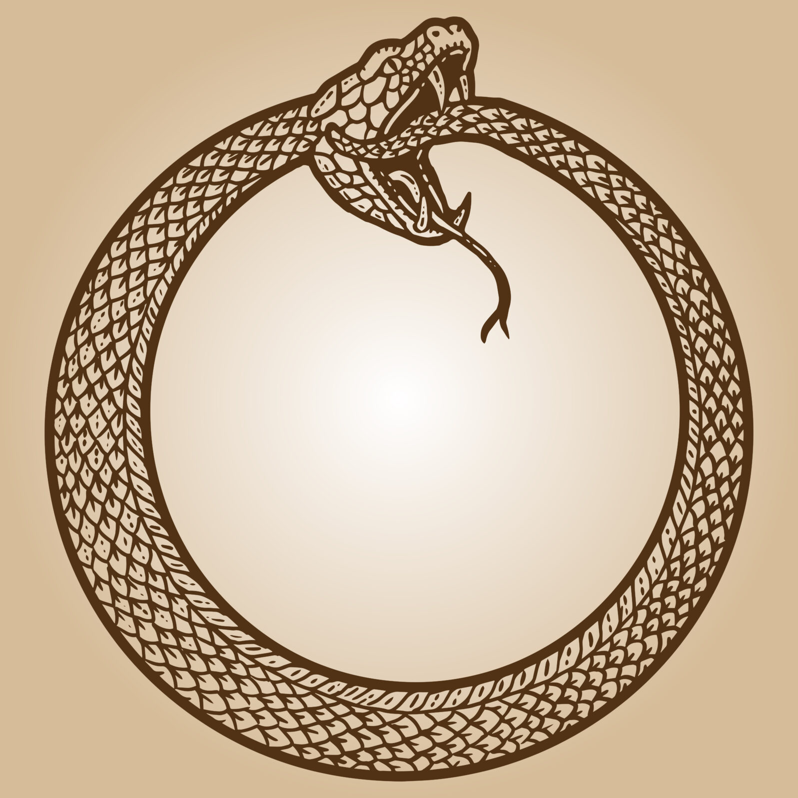 Uroboros, snake coiled in a ring, biting its tail. Engraving sketch scratch board imitation sepia.