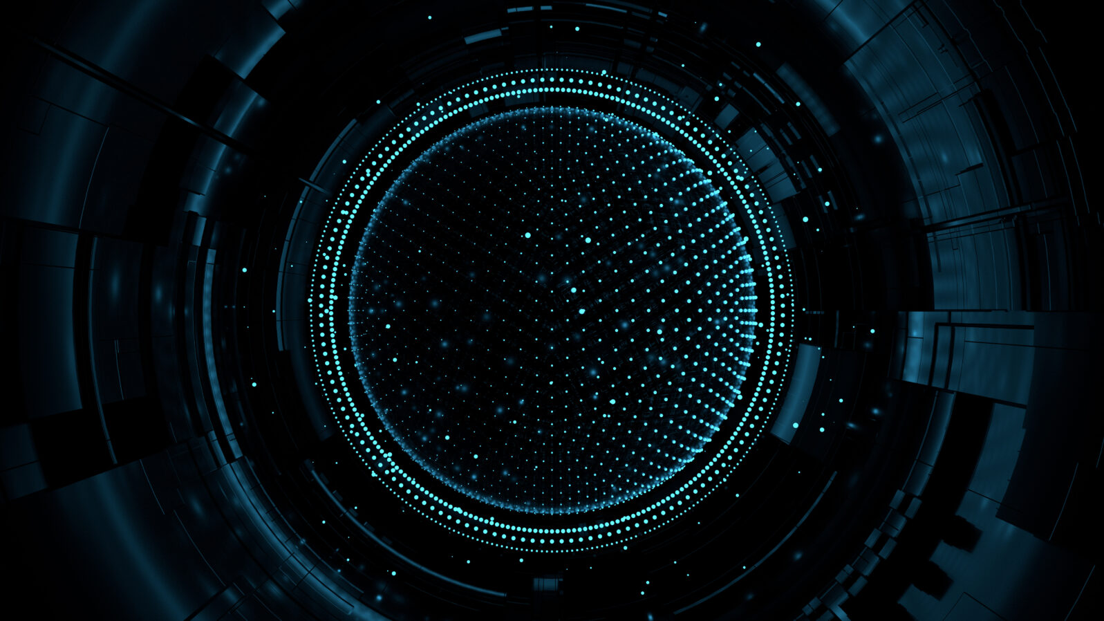 3d illustration futuristic background with large sphere and neon dots