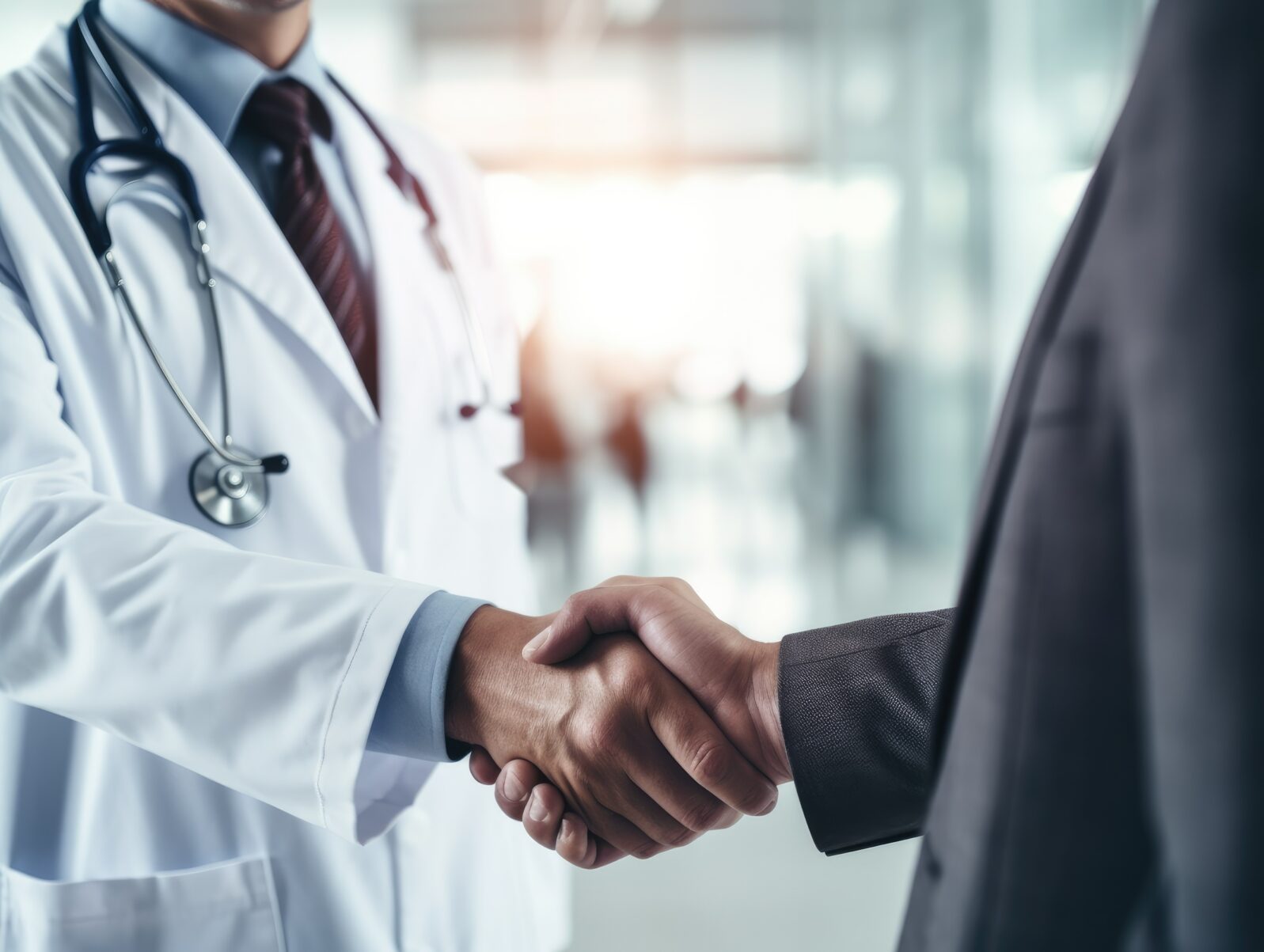 A close - up handshake between a doctor and a patient in a medical office with clean