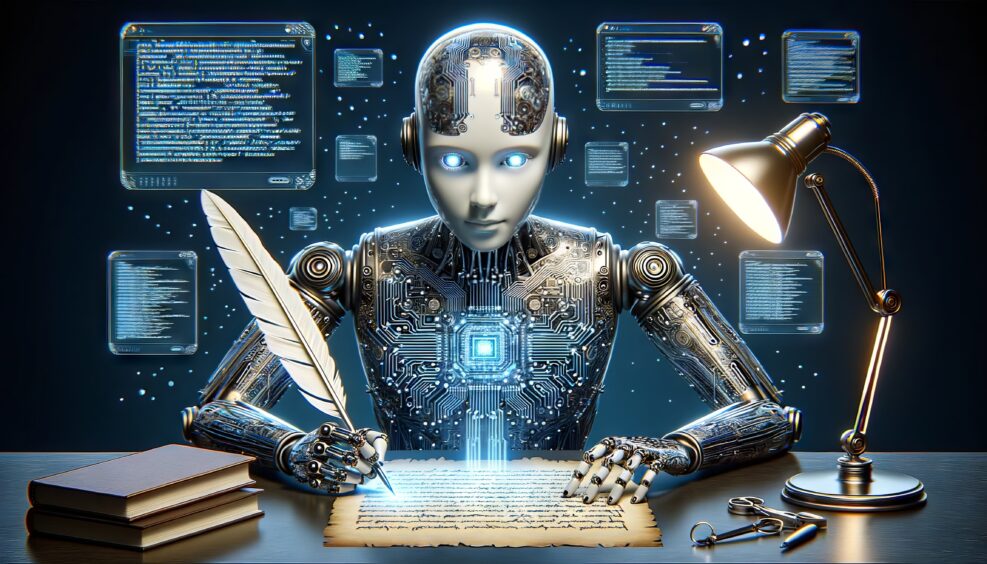 An artificial intelligence robot writer creating generative AI writing