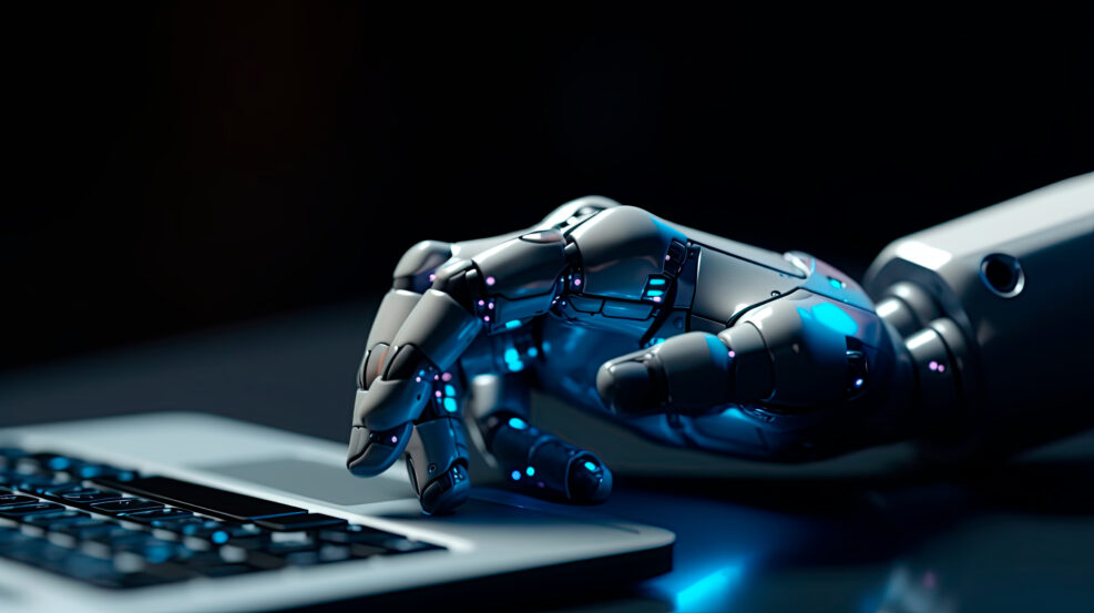 Robot hands point to laptop button advisor chatbot robotic artificial intelligence concept.