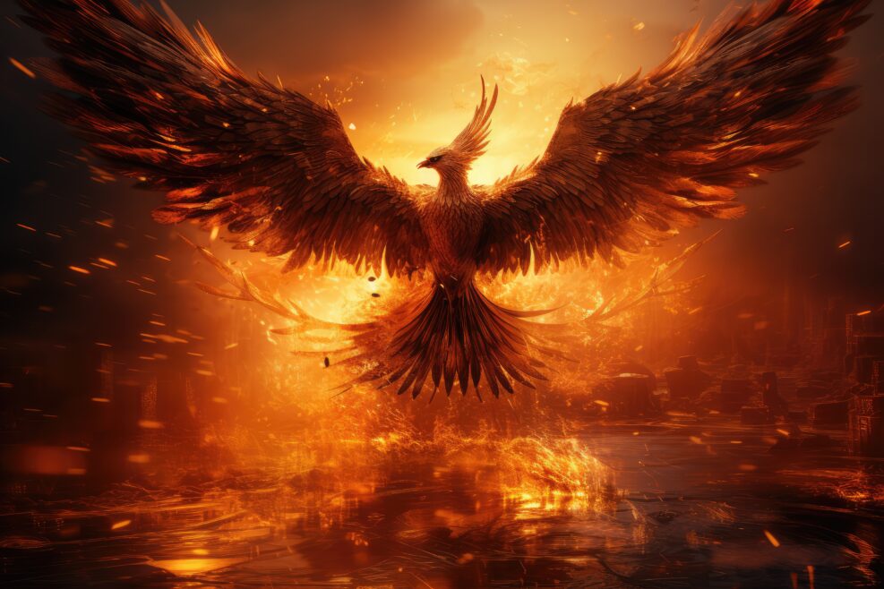 A phoenix rising from the ashes against a fiery backdrop - AI Generated