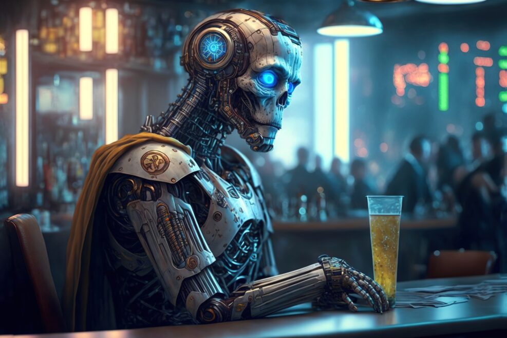 An AI robot sitting alone in a bar, generative ai