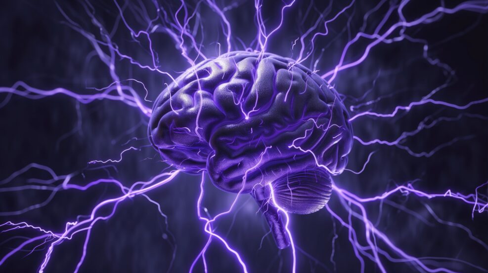 Human brain with electric impulses in purple