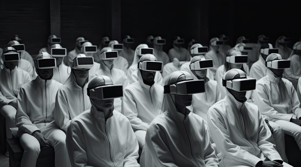 In a dystopian future, a group of people wearing white, futuristic clothing stands inside a virtual reality, an ominous reminder of the uncertain fate of humanity