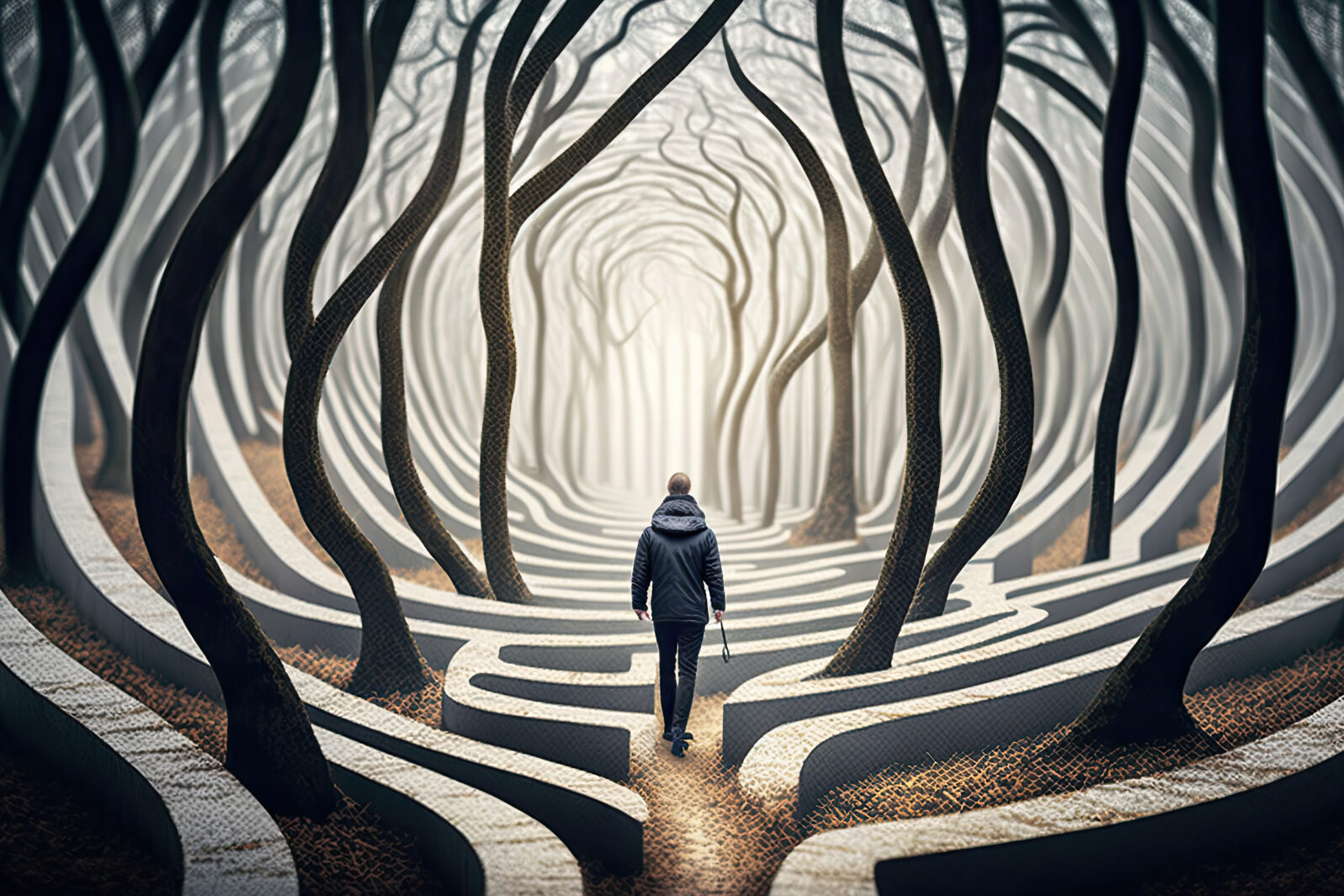 Person is looking for way out of psychedelic maze. A surreal labyrinth in magical forest. Human consciousness is at dead end, searching for solutions. Created with Generative AI