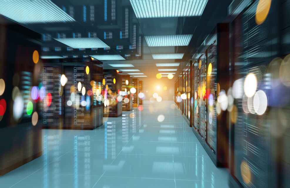 Servers data center room with bright bokeh light going through the corridor 3D rendering