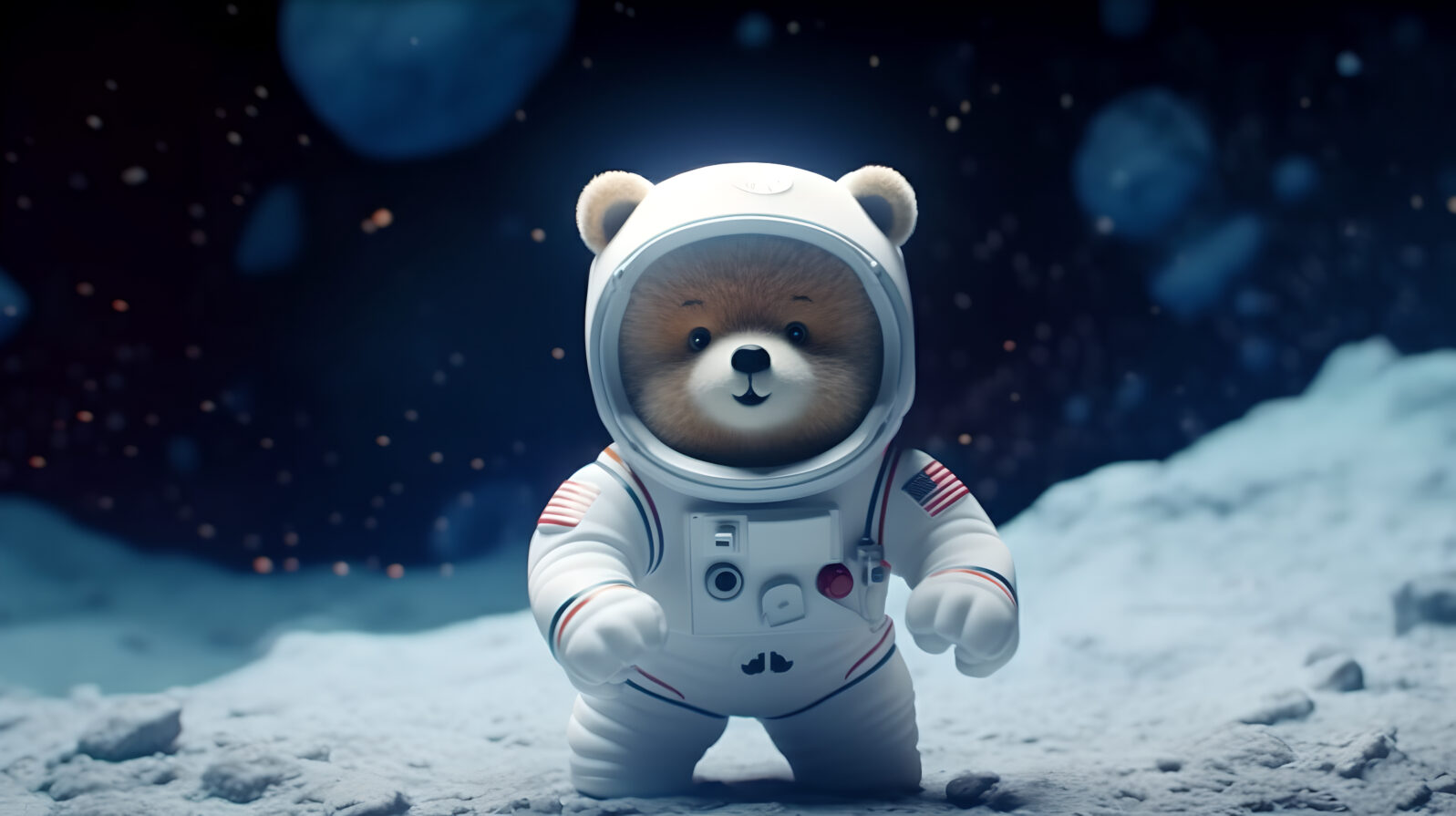 Teddy bear astronaut wearing a tiny space suit floating in space and galaxy background outer space. Science fiction wallpaper.