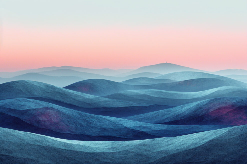 A depiction of a landscape inspired by the uncertainty principle, with shapes that appear to shift and blur.