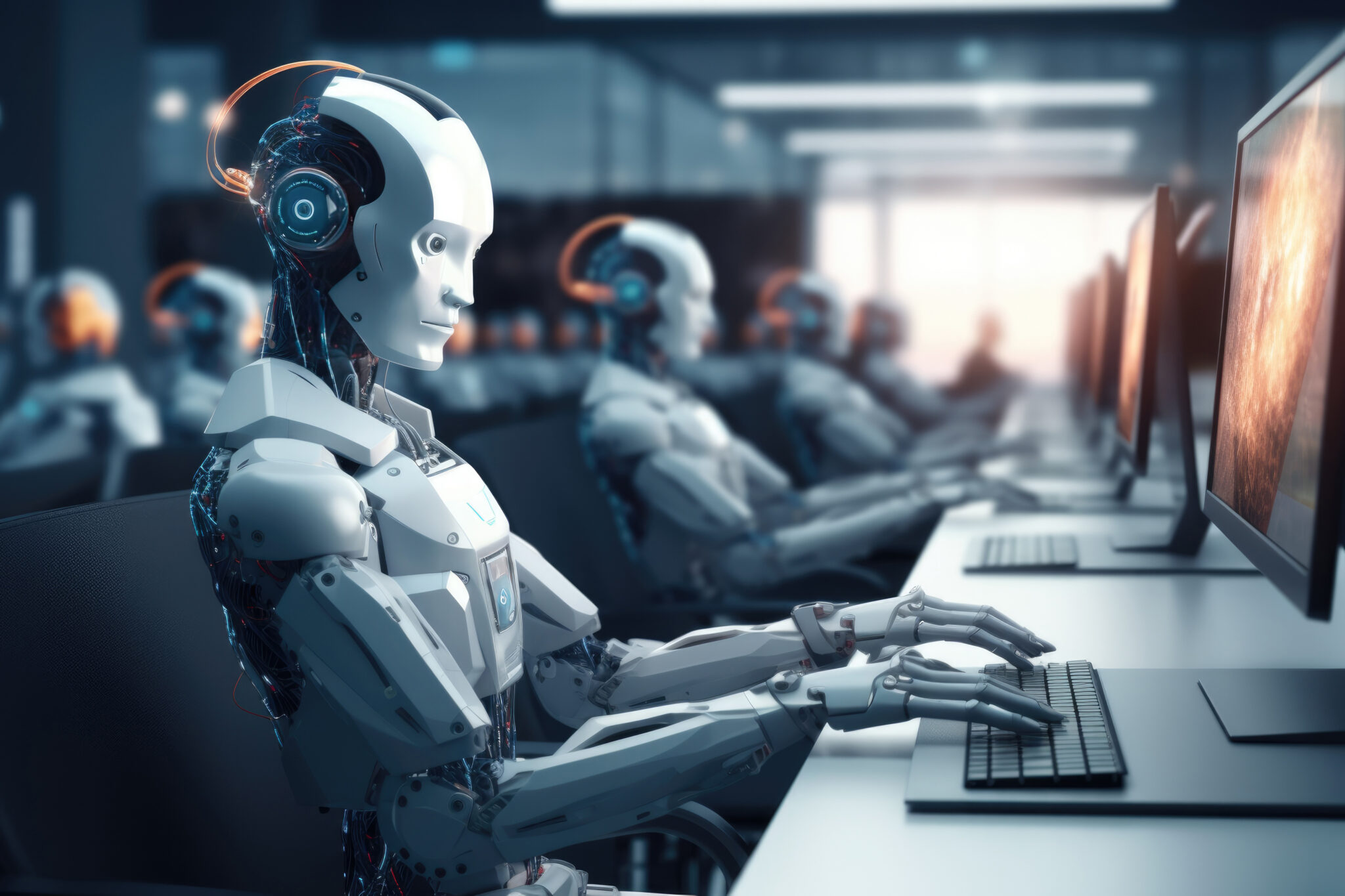 AI robot sitting at the desk in the office and working on personal computer