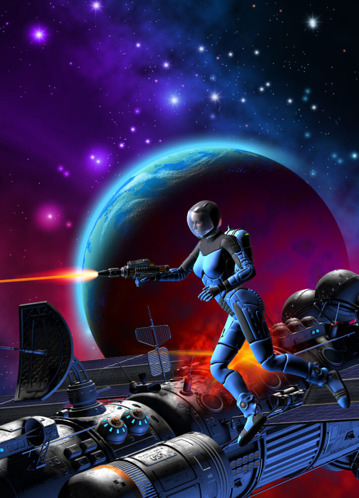 astronaut in space with stars and moon, spaceship under attack, 3d illustration
