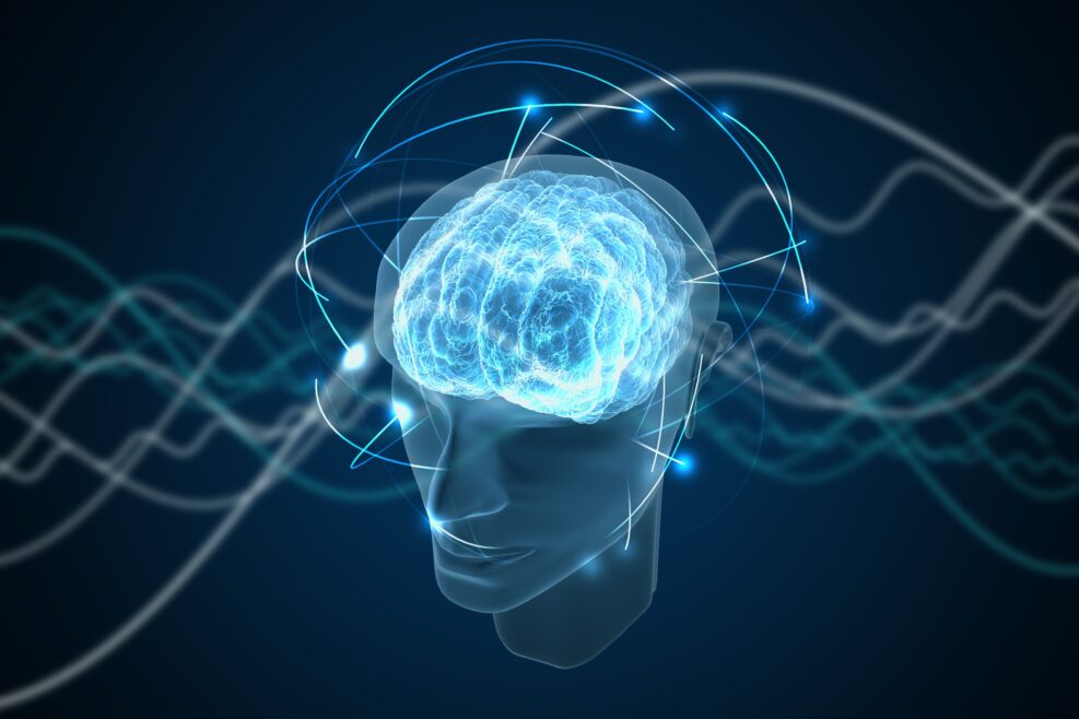 Consciousness, metaphysics or artificial intelligence concept. Waves go through human head. 3D rendered illustration.