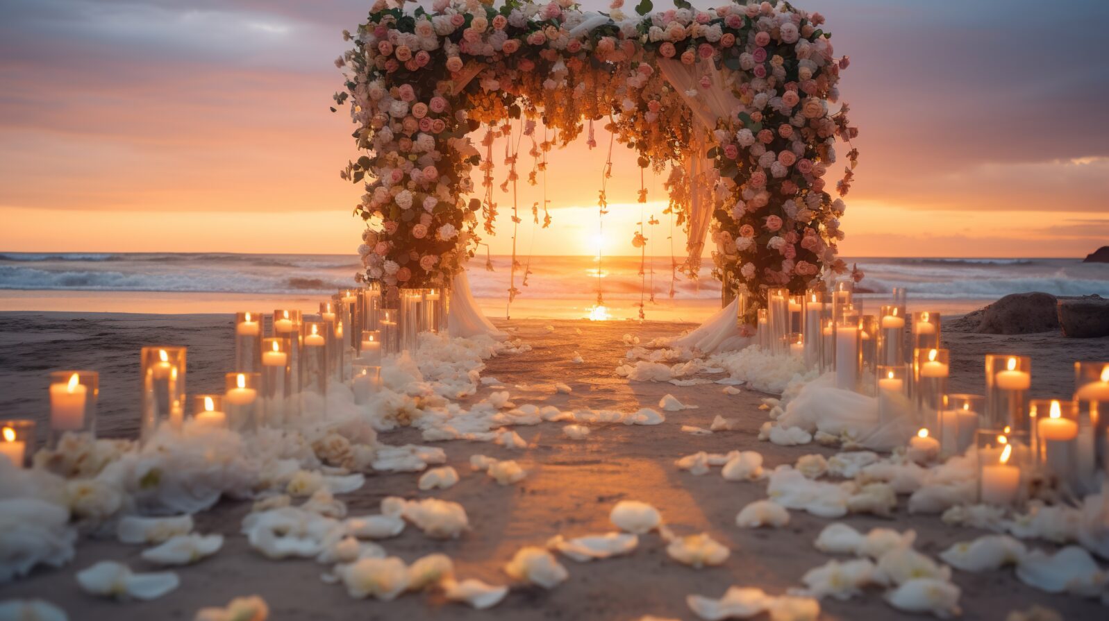 Decorative wedding ceremony at the beach with beautiful sunset view. Generative AI