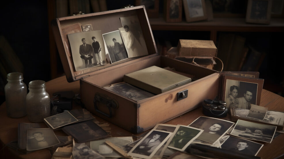 Family tree concept, dna, genes, ancestors. A large box suitcase lies on the table with old photographs. AI generated Generative AI