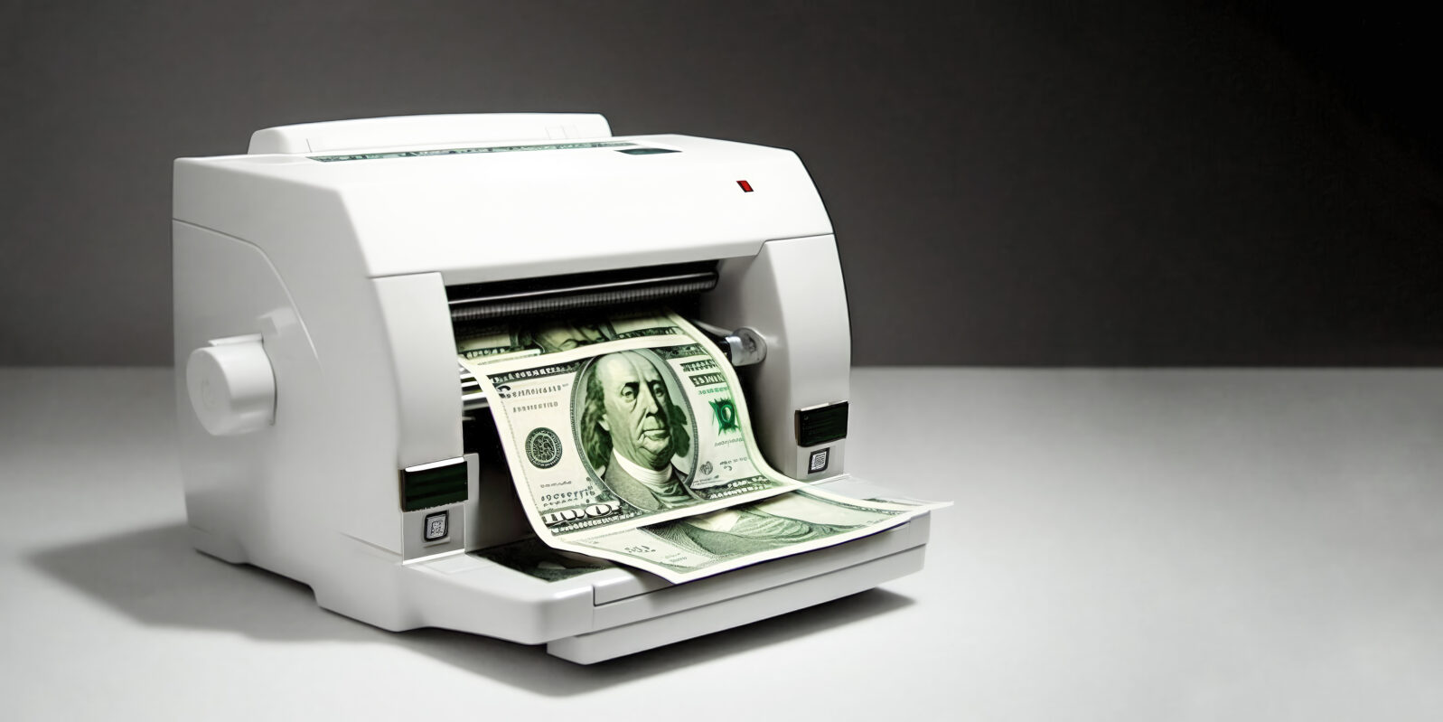 Money making machine printing fake counterfeit dollar bills. Generative AI.