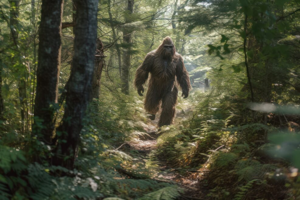 mysterious bigfoot sighting in the deep forest, generative AI illustration
