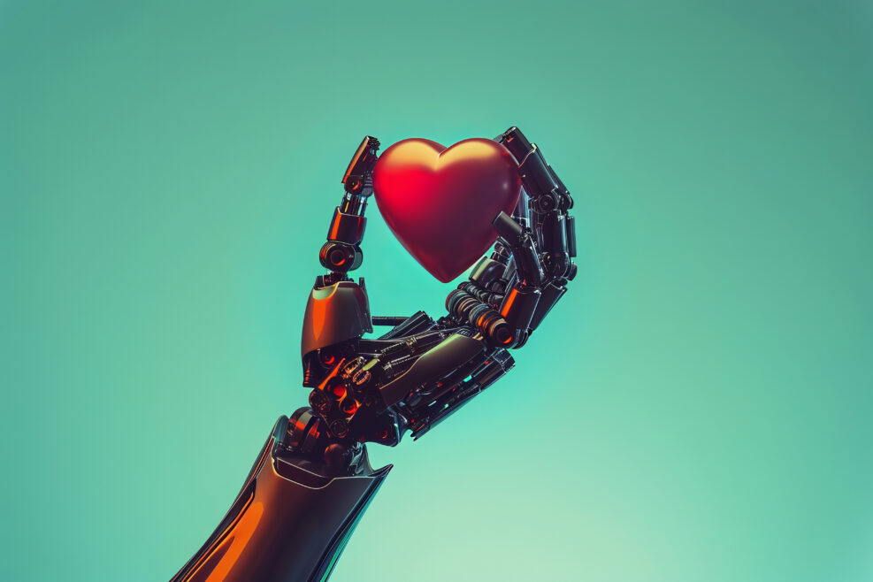 Robot's hand holds up a red heart aigenerated.