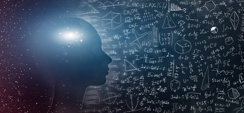 Silhouette of human with universe and physical, mathematical formulas