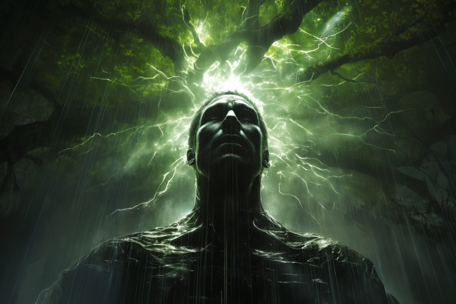 a man with his head in the air surrounded by lightning and trees in the background, with a green light coming from his head, concept art, naturalism
