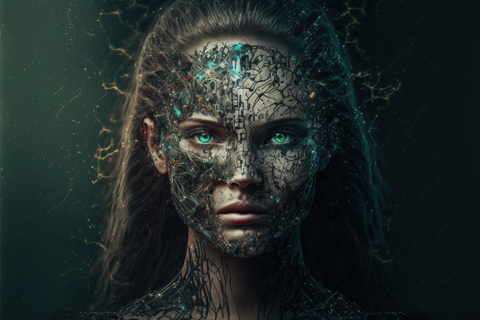 AI concept, humanoid robot with artificial intelligence, fictional woman android, generative AI