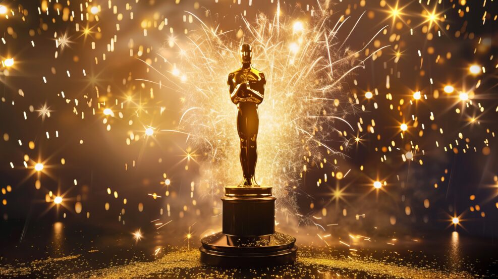 Golden Oscar statue in Hollywood with fireworks in the backdrop. Success and victory concept.