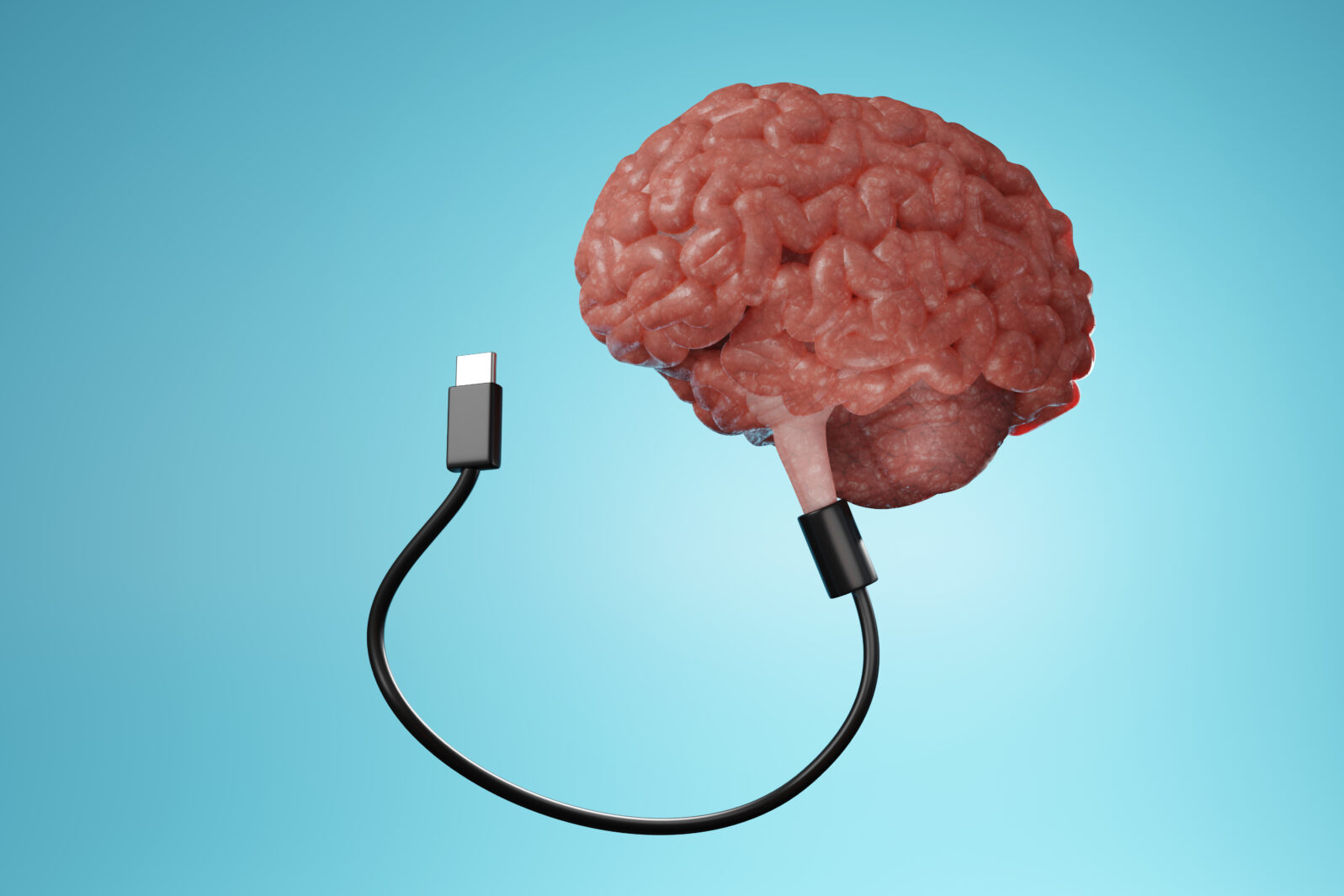 Human brain connecting to a computer cable. Illustration of the concept of human machine interface integration